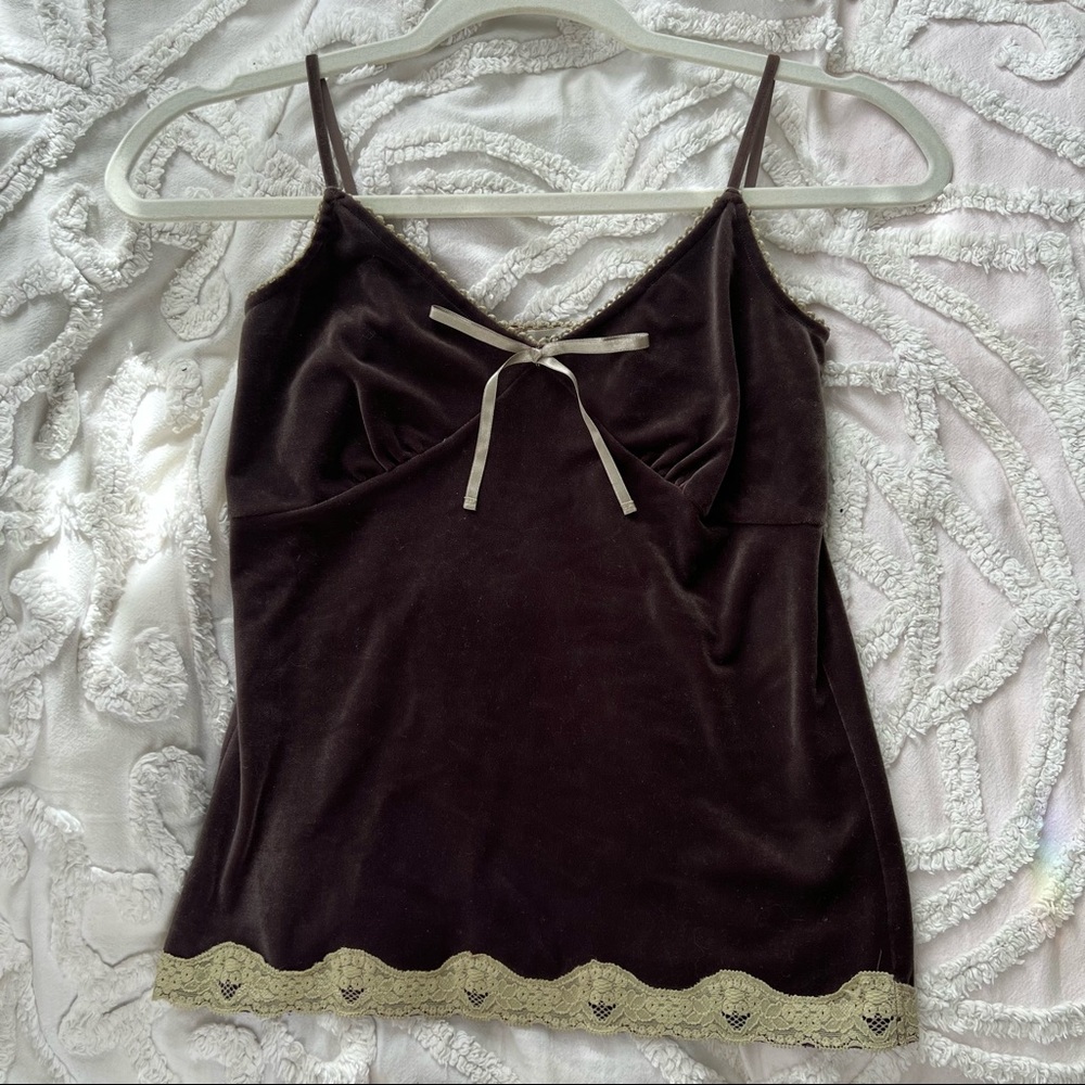 Y2K Velvet Brown Lace Trim Tank Top